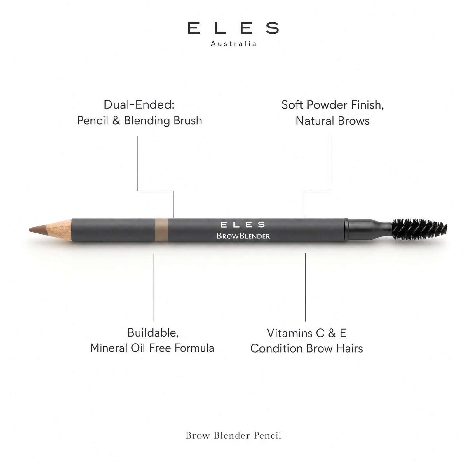 ELES Brow Blender Pencil benefit callout showing dual-ended pencil and blending brush, soft powder finish, buildable mineral oil free formula and Vitamins C and E for professional salon and clinic use