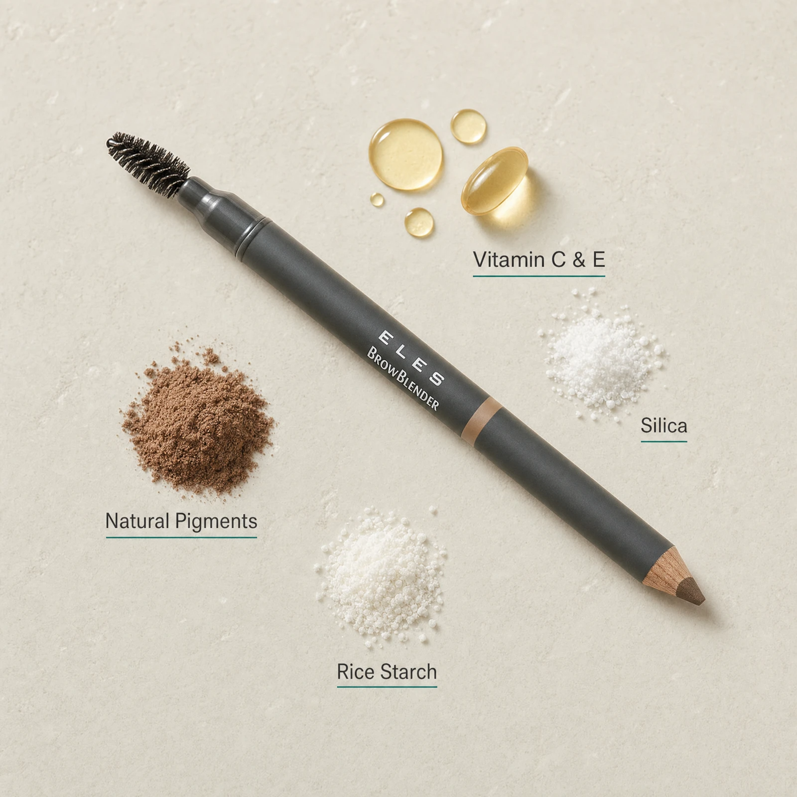 ELES Brow Blender Pencil ingredient flatlay featuring Vitamin C and E, silica, natural pigments and rice starch on a warm stone surface
