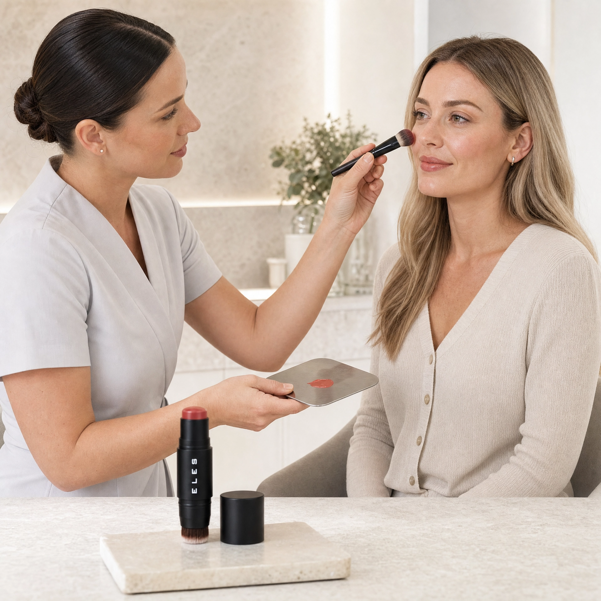 A Cheek & Lip Cream Blush stands on a white table in the foreground, while a therapist applies makeup to a client's face in a beauty clinic.