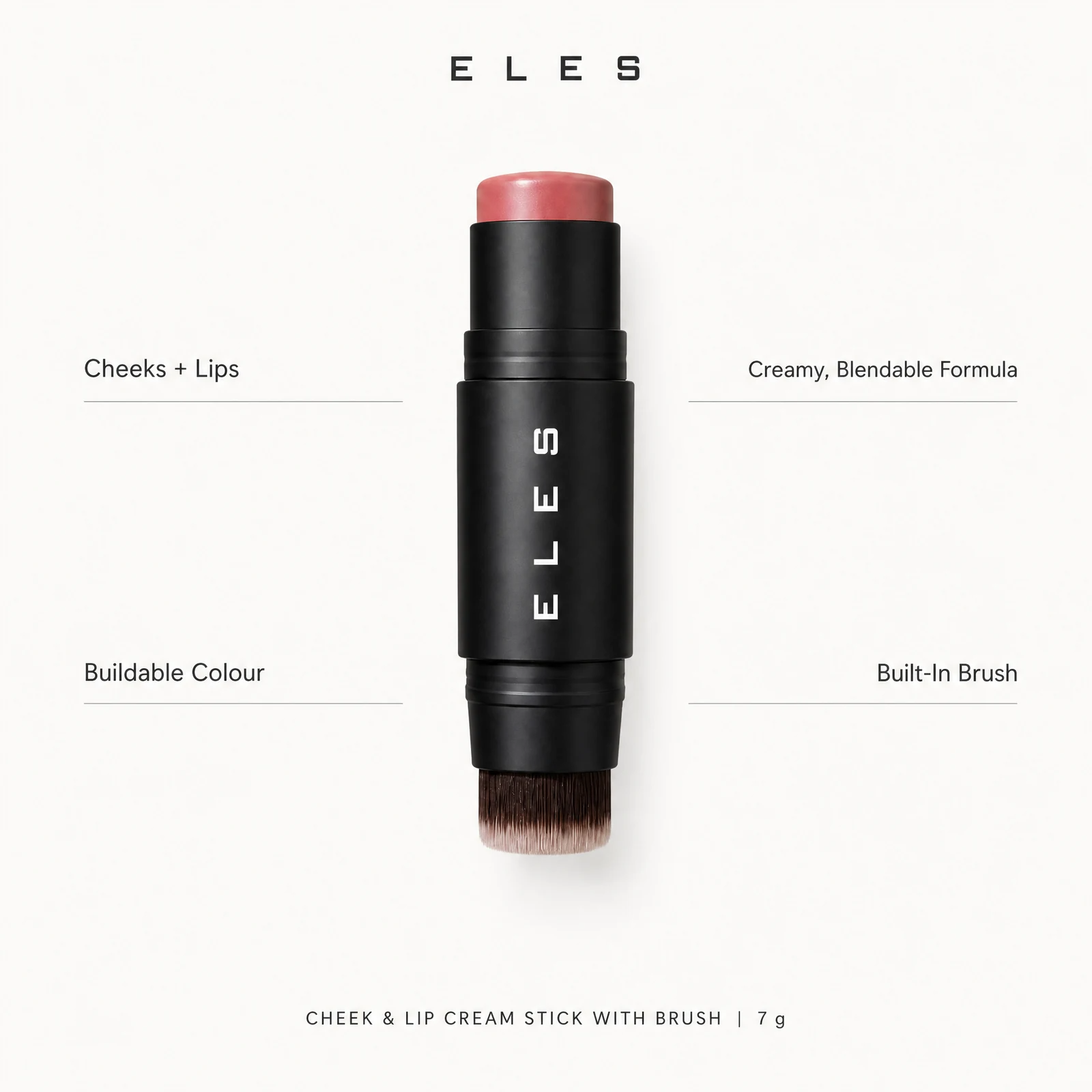 ELES cheek and lip cream stick with brush in a black casing, showing a pinkish nude cream stick top and dual-ended brush bristles, surrounded by descriptive text on a light gray background.