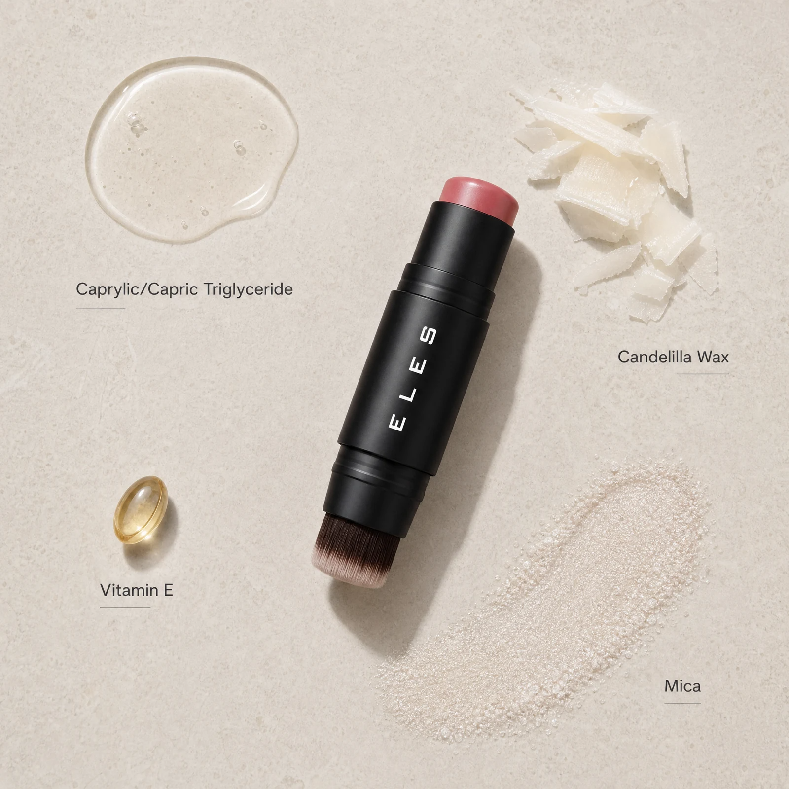 ELES cheek and lip cream, shown on a textured beige background with ingredient callouts and swatches for caprylic/capric triglyceride, candelilla wax, vitamin E, and mica.
