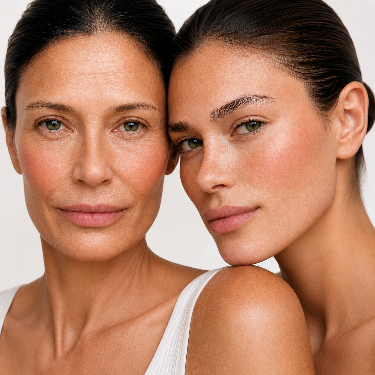 Two women with clean, natural skin posing closely together against a plain light background, wearing a white ribbed tank top after applying ELES cheek and lip cream.