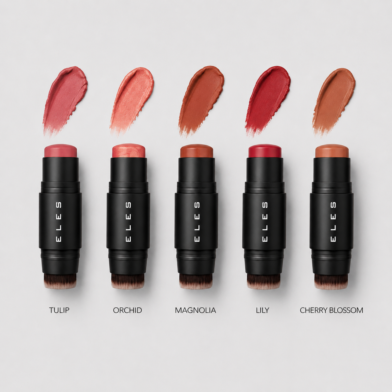Five ELES cheek and lip cream with matching cream swatches above them, labeled Tulip, Orchid, Magnolia, Lily, and Cherry Blossom on a light gray background.