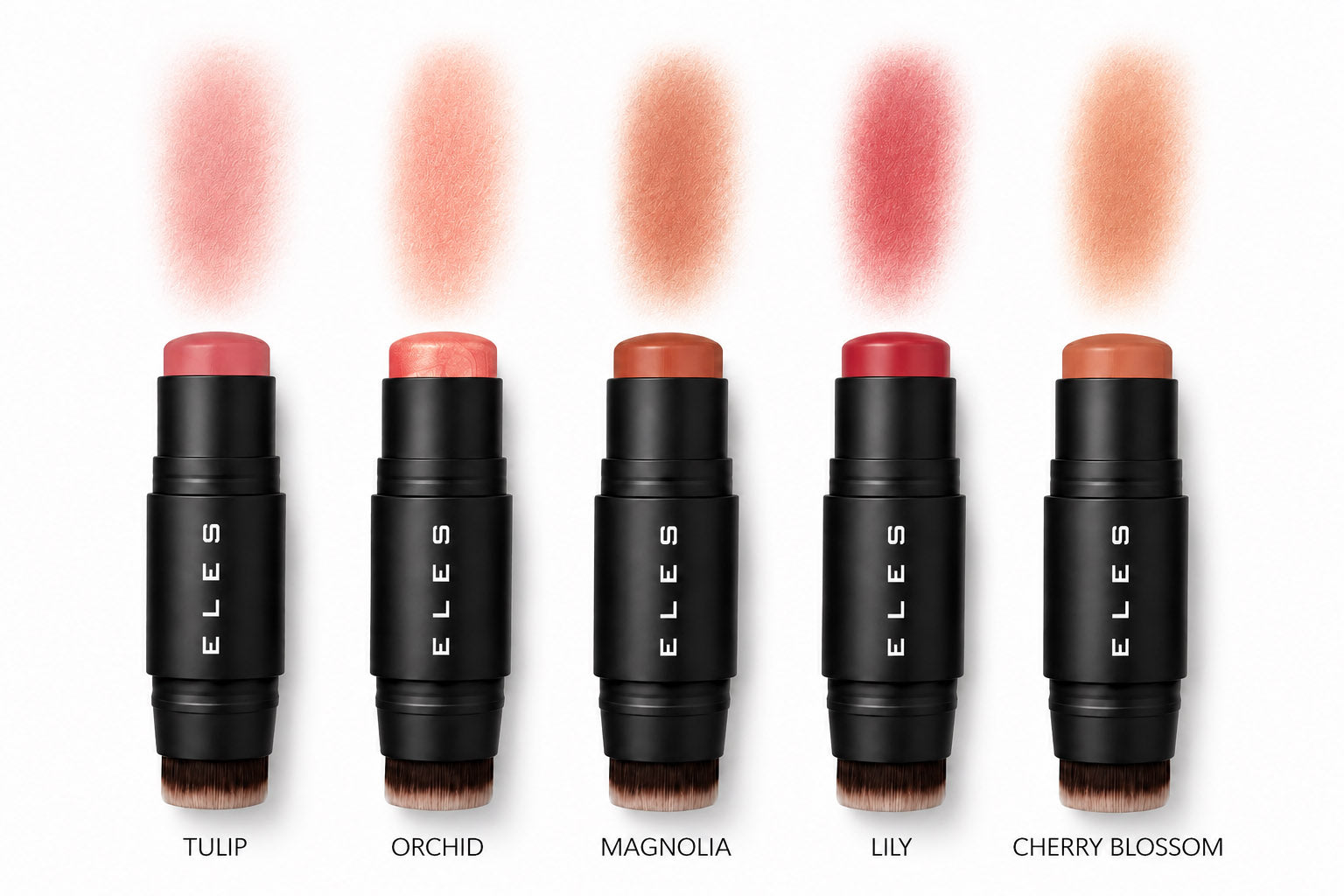Five ELES cheek and lip cream labeled Tulip, Orchid, Magnolia, Lily, and Cherry Blossom, shown upright on a white background with corresponding pink-peach blush swatches above each stick.