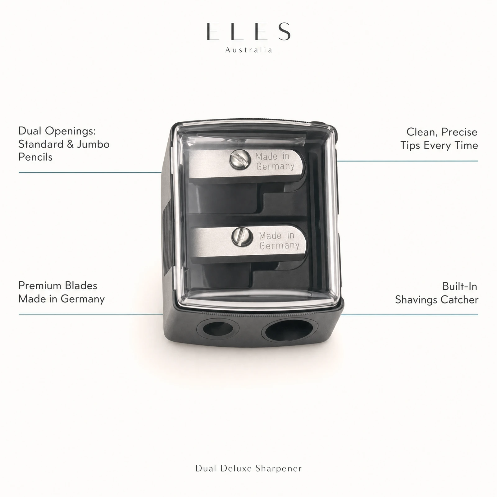 ELES Dual Deluxe Sharpener top-down flatlay with standard and jumbo cosmetic pencils and pencil shavings, showing German steel blades, dual openings and built-in shavings catcher