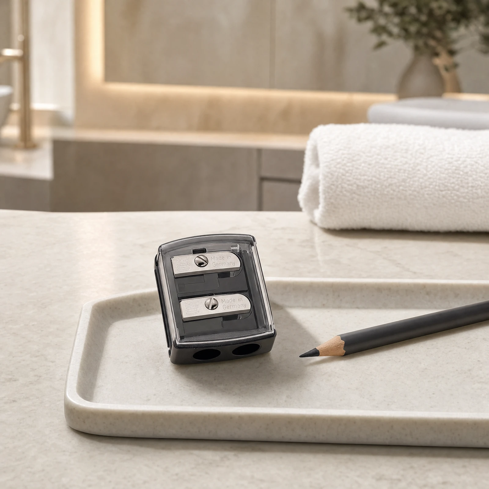 ELES Dual Deluxe Sharpener resting on a stone tray beside a freshly sharpened cosmetic pencil on a marble clinic bench inside a premium skin clinic treatment room