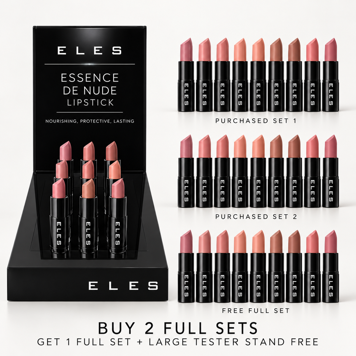 ELES Essence de Nude opening offer showing one black lipstick tester stand and three nine-shade lipstick sets, including the complimentary set.
