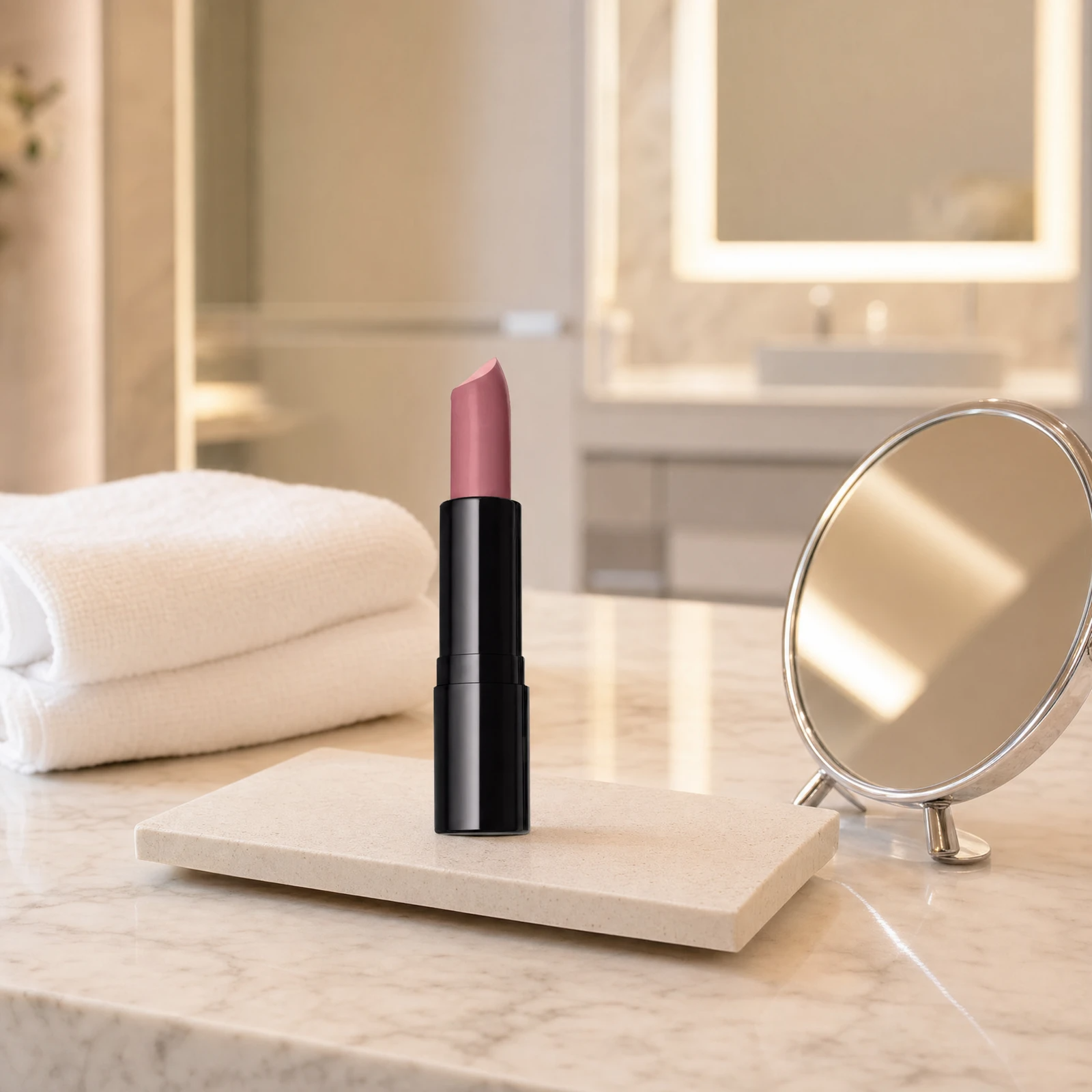 ELES Essence de Nude Lipstick Belle Amour standing upright on a stone tray beside a round mirror on a marble clinic bench inside a premium skin clinic treatment room, ideal for professional lip finishing after facial treatments