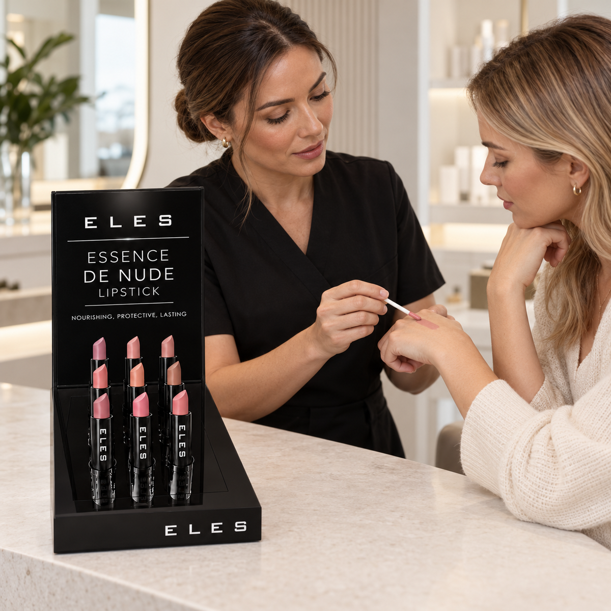 Beauty therapist demonstrating an ELES Essence de Nude lipstick shade to a client beside the black tester display in a salon.