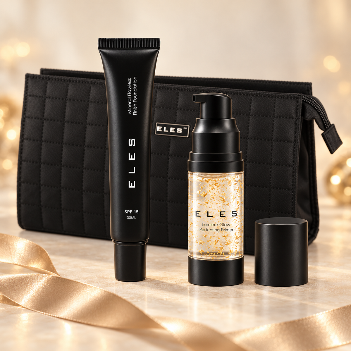 ELES foundation and primer gift set with black cosmetics bag, champagne ribbon and warm festive lighting.
