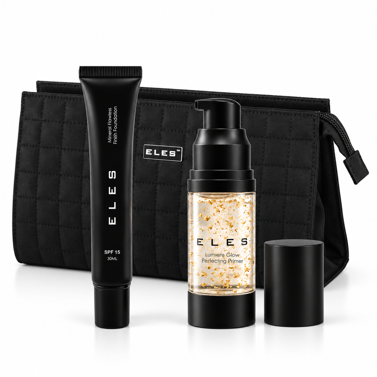 ELES Mineral Flawless Finish Foundation and Lumiere Glow Perfecting Primer with black quilted cosmetics bag on white background.