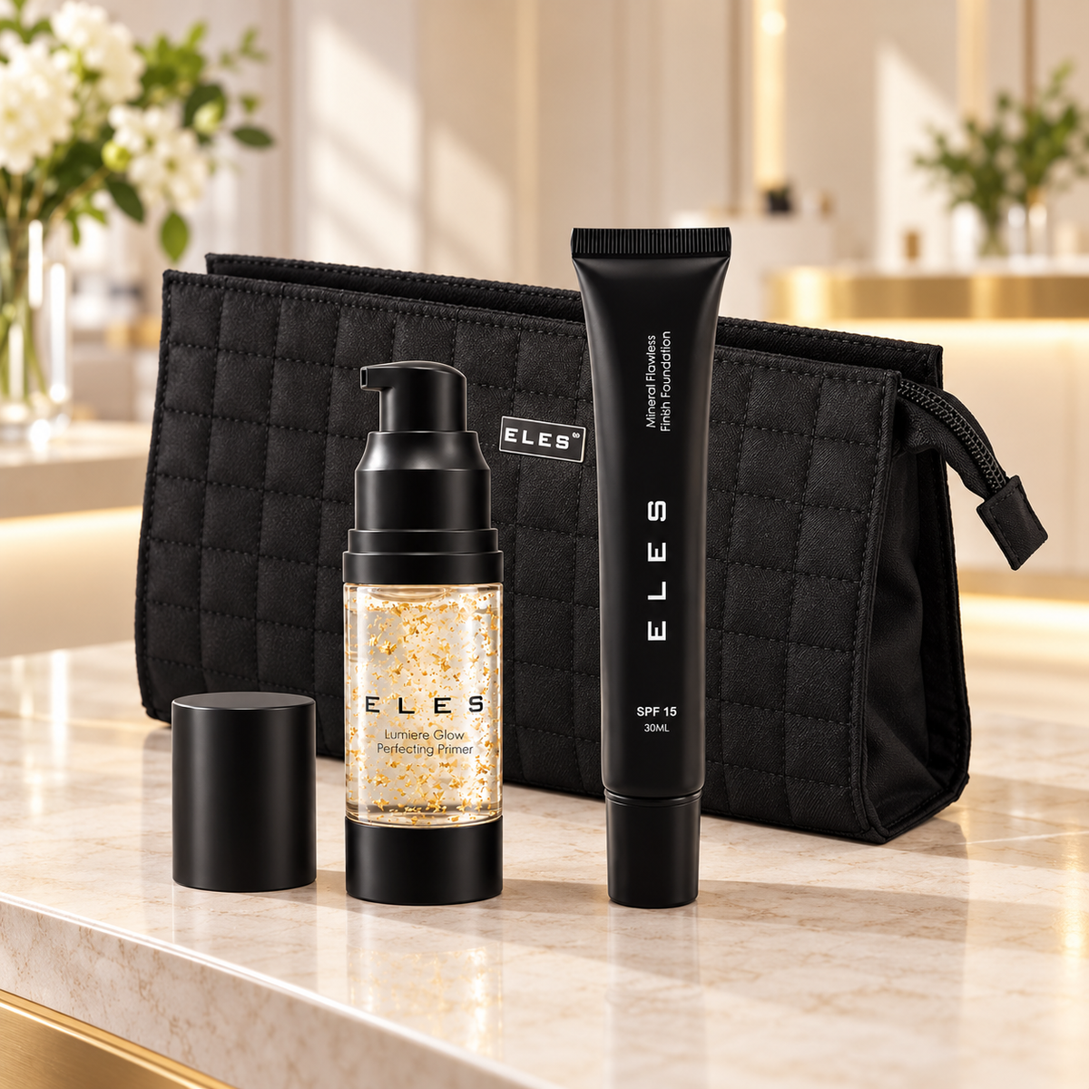 ELES foundation, primer and black quilted cosmetics bag displayed on a salon reception counter.