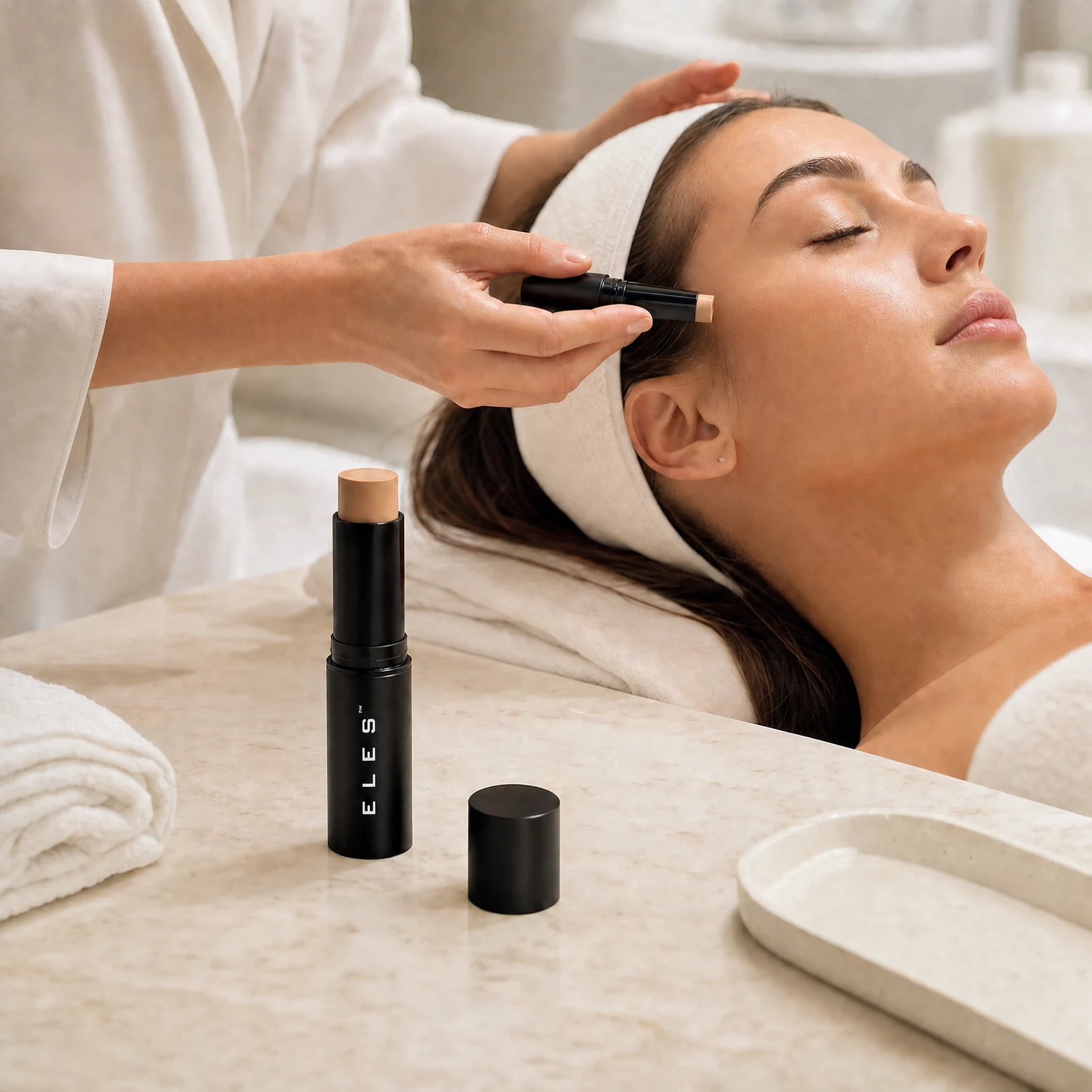 ELES Foundation Stick applied by a professional therapist in a luxury clinic setting as a post-treatment complexion finishing step.