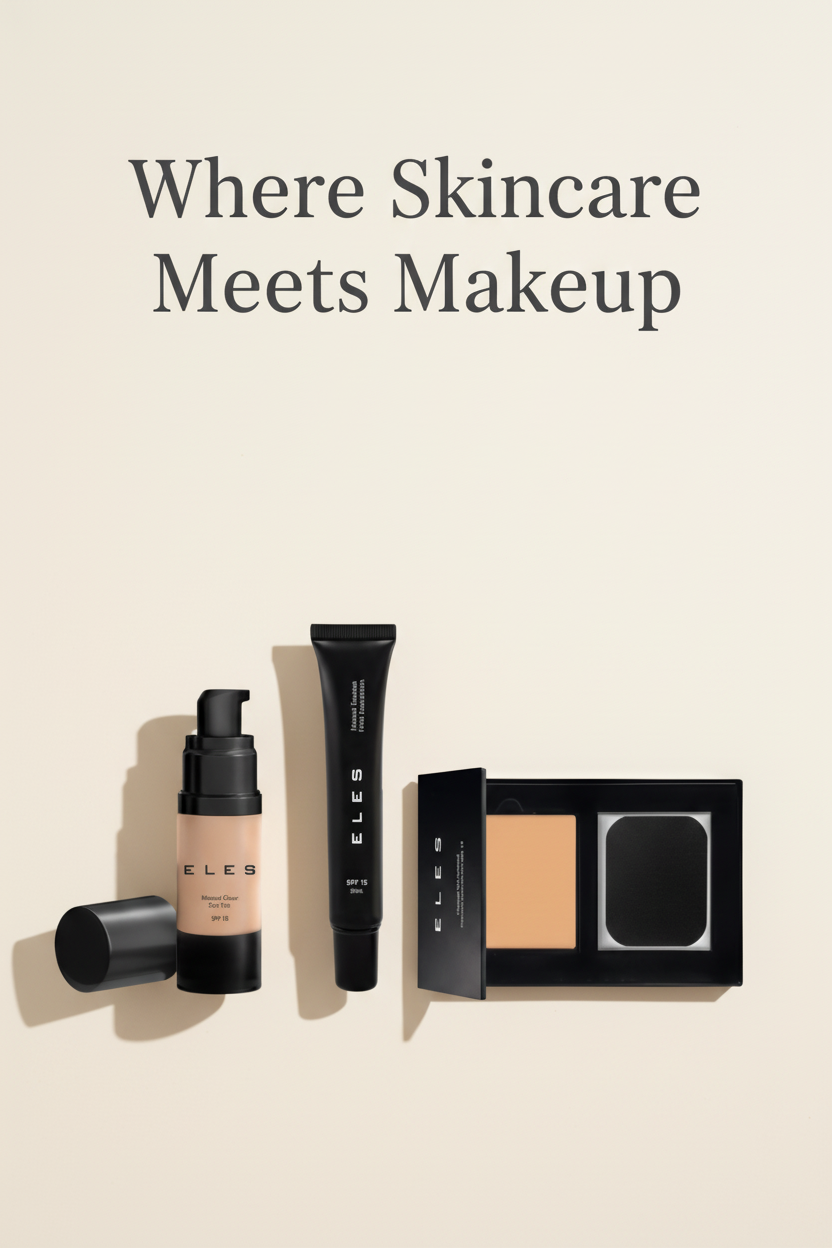 Makeup products including a bottle, tube, and compact on a beige background with text 'Where Skincare Meets Makeup'.