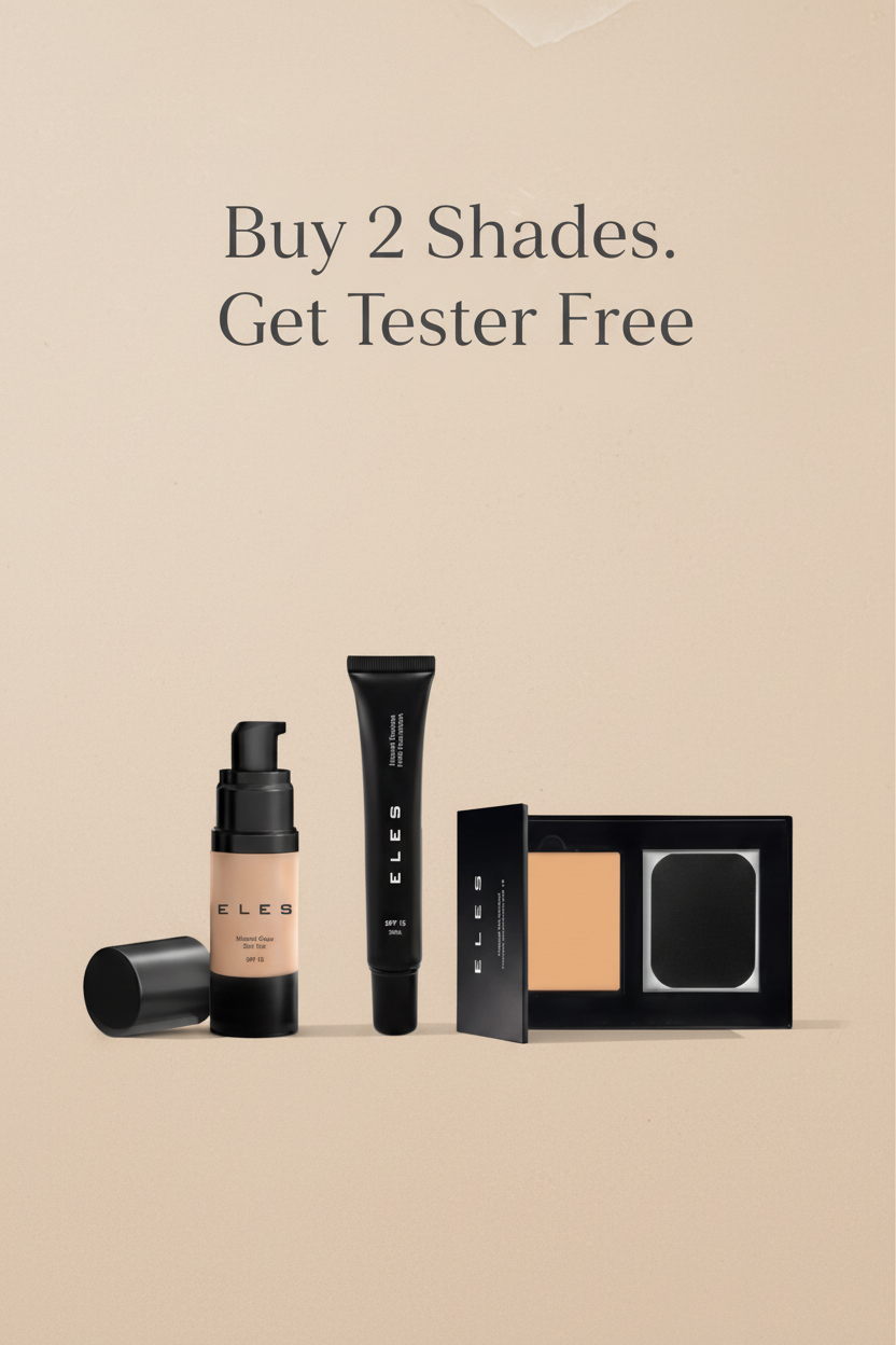 Makeup products including a bottle, tube, and compact on a beige background with promotional text.
