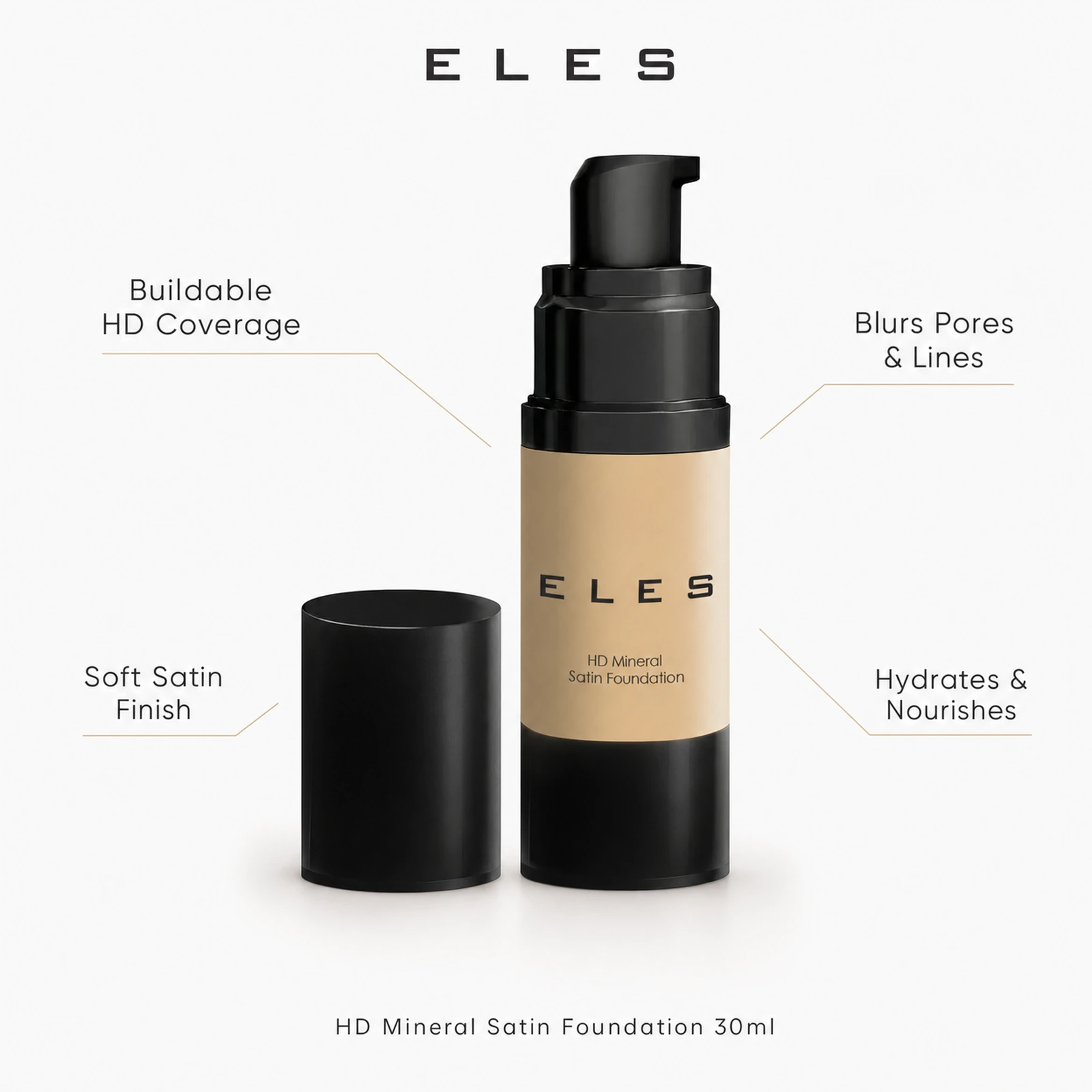 ELES HD Mineral Satin Foundation 30ml bottle with foundation shade smear