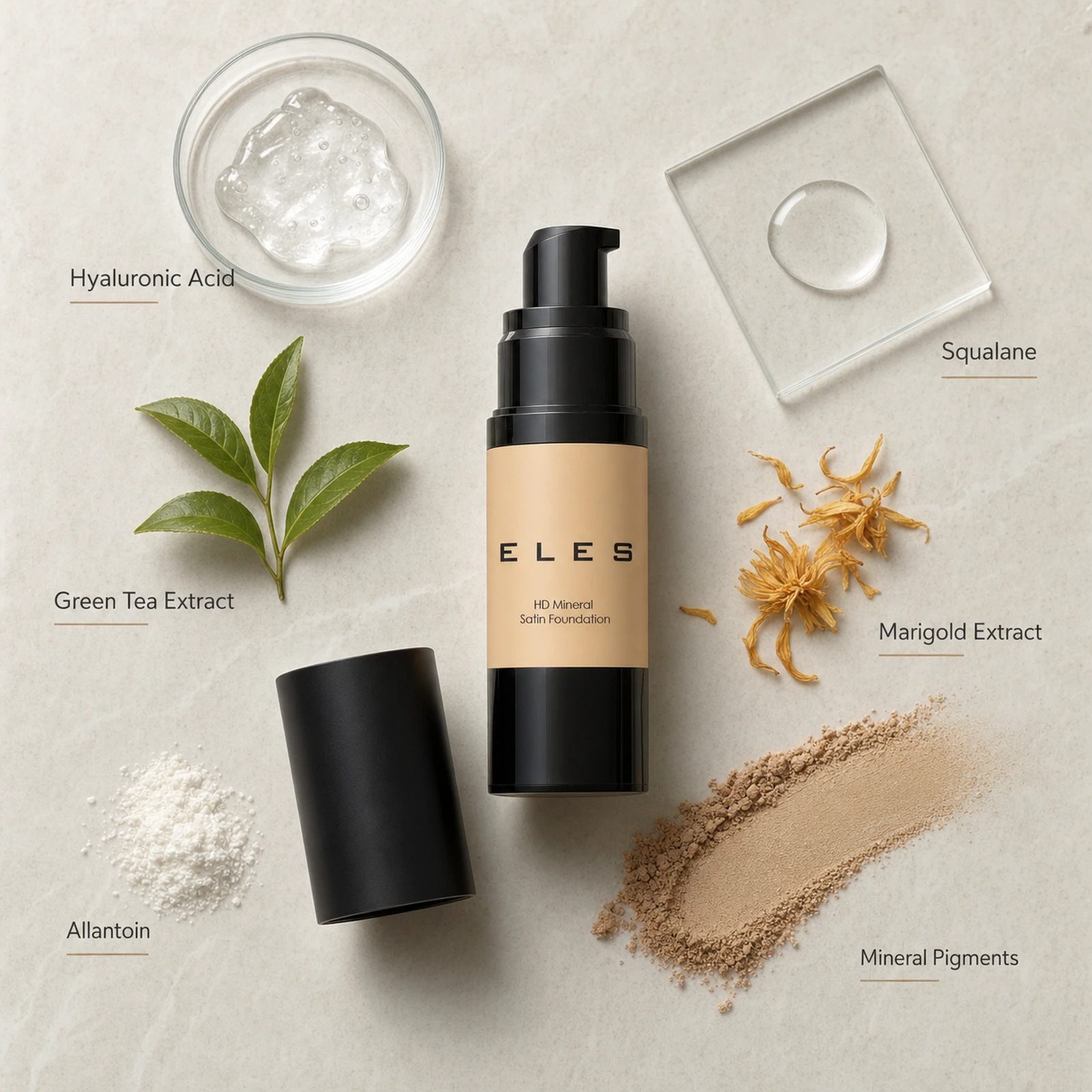 ELES HD Mineral Satin Foundation ingredient flatlay with mineral pigments and botanical ingredients