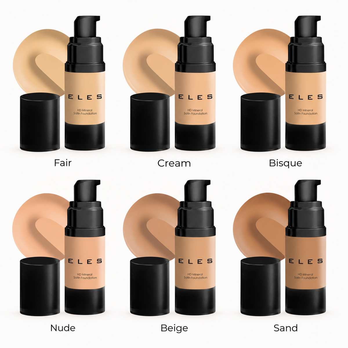 ELES HD Mineral Satin Foundation 30ml six-shade comparison chart featuring Fair, Cream, Bisque, Nude, Beige and Sand, with foundation bottles and matching colour swatches for professional shade selection.
