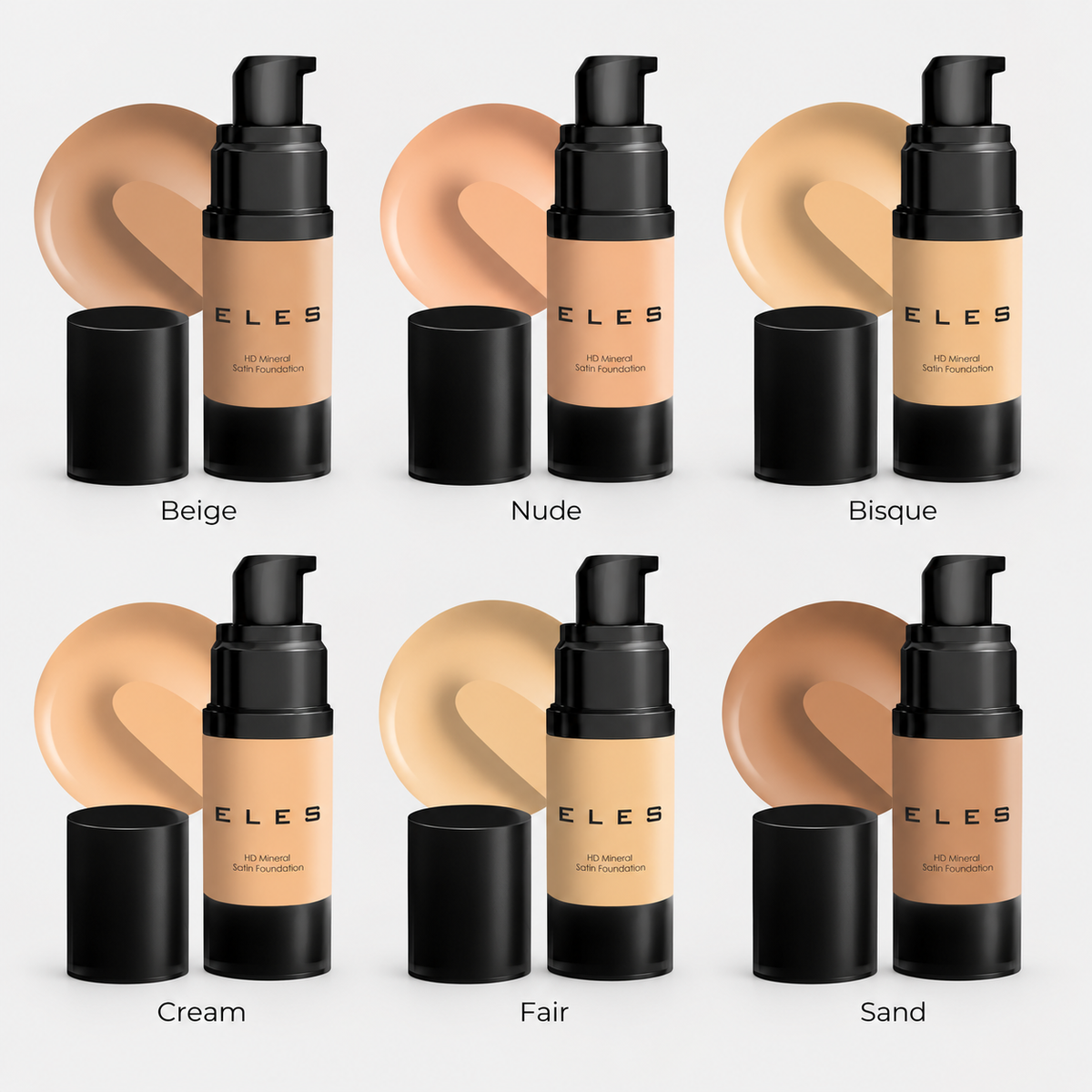 ELES HD Mineral Satin Foundation shade collection showing six foundation shades with matching product bottles and swatches: Fair HD, Cream HD, Bisque HD, Nude HD, Beige HD and Sand HD.
