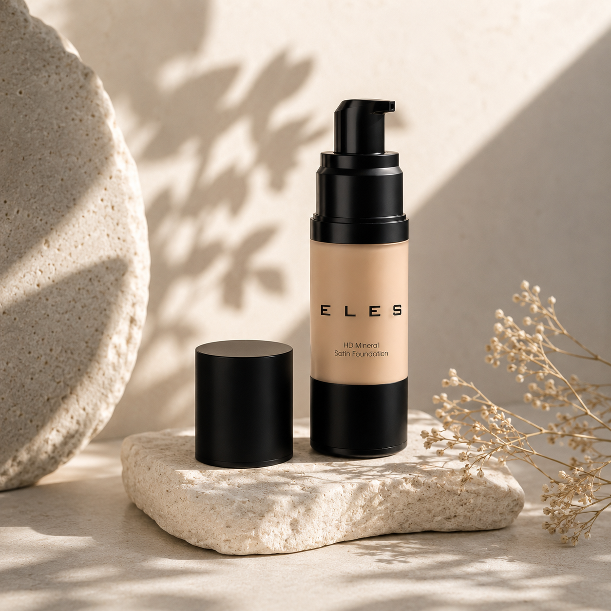 ELES HD Mineral Satin Foundation displayed on natural stone with soft sunlight and botanical shadows, lightweight mineral liquid foundation with a smooth satin finish for a flawless natural complexion