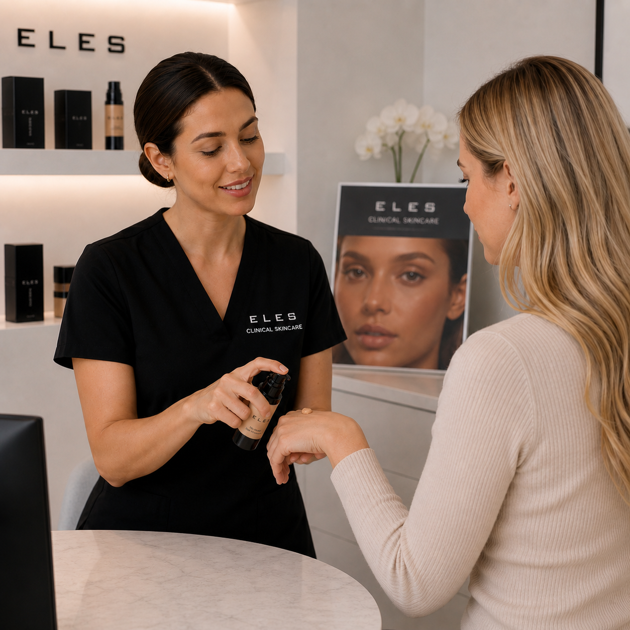Beauty therapist demonstrating ELES HD Mineral Satin Foundation by applying a small pump sample onto a client’s hand during a professional skincare consultation in a modern clinic reception area.