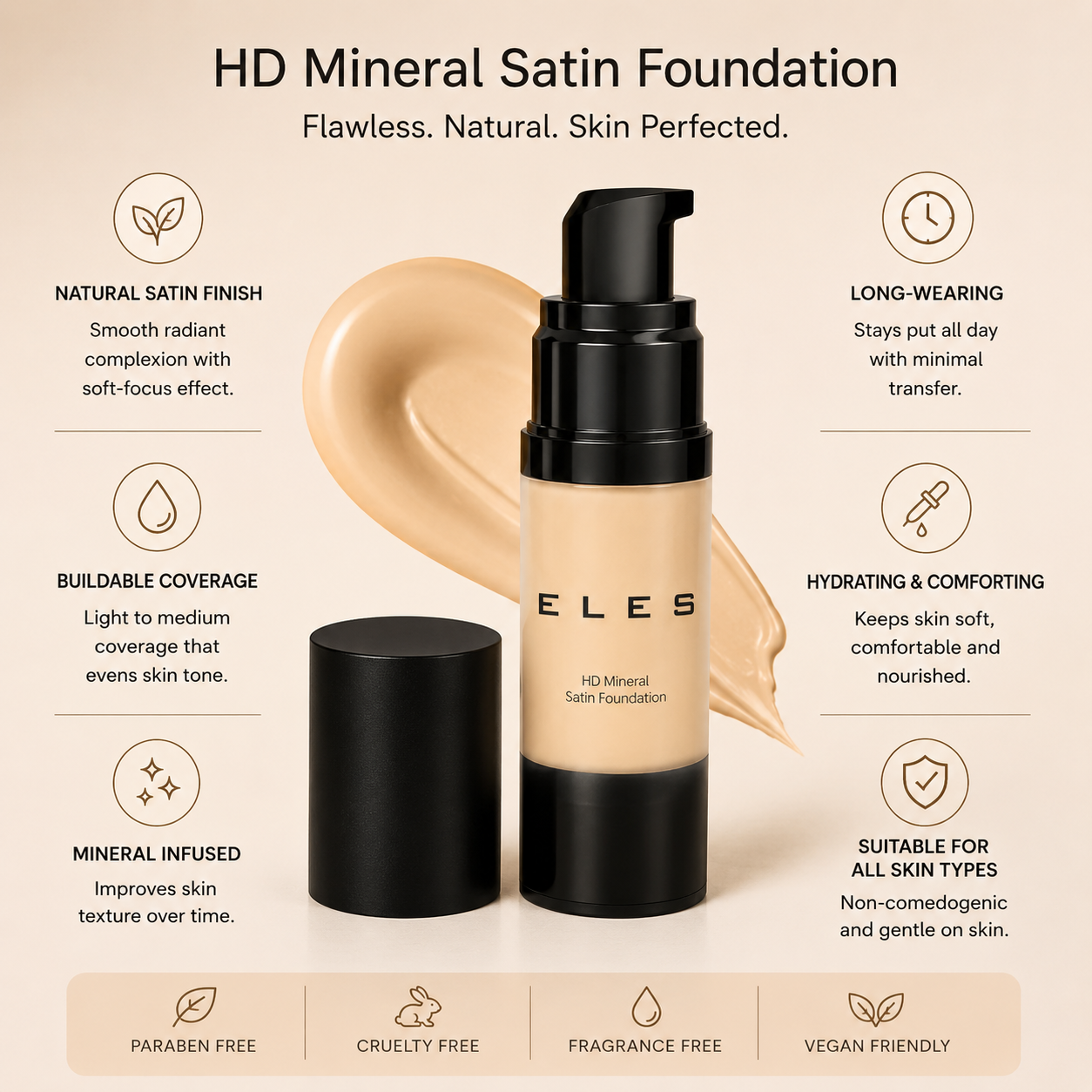 ELES HD Mineral Satin Foundation in shade Fair with benefits infographic showing natural satin finish buildable coverage long wear hydration and suitability for all skin types