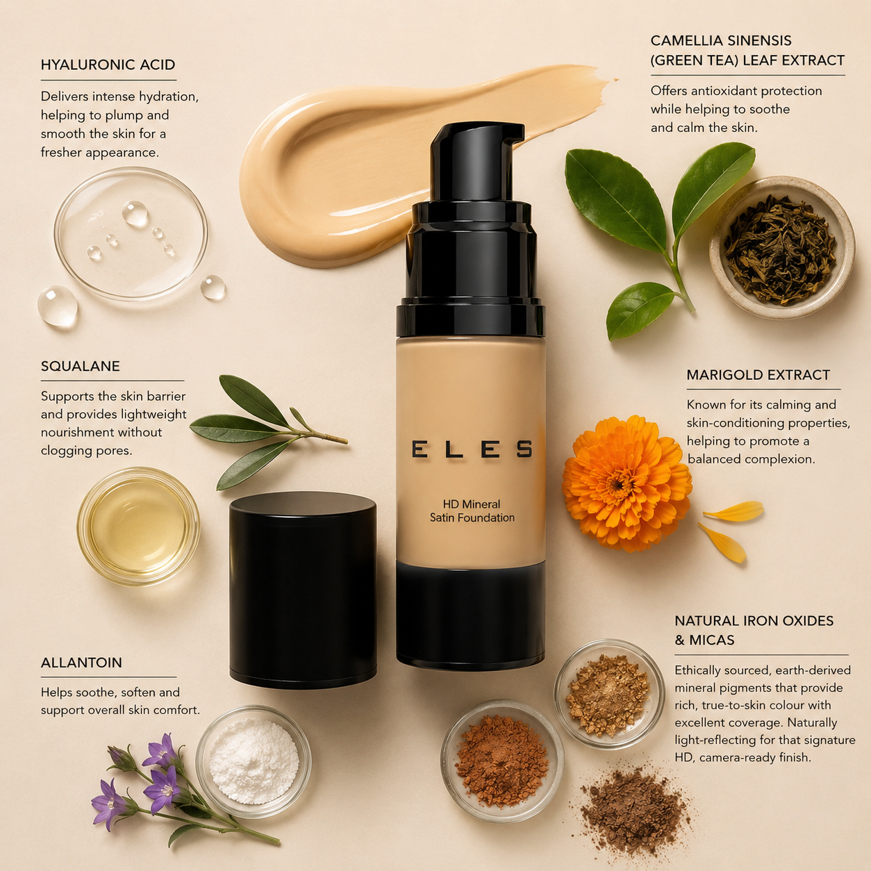 ELES HD Mineral Satin Foundation Fair ingredient flatlay featuring hyaluronic acid, squalane, green tea extract, marigold extract, allantoin and mineral pigments on a warm beige background