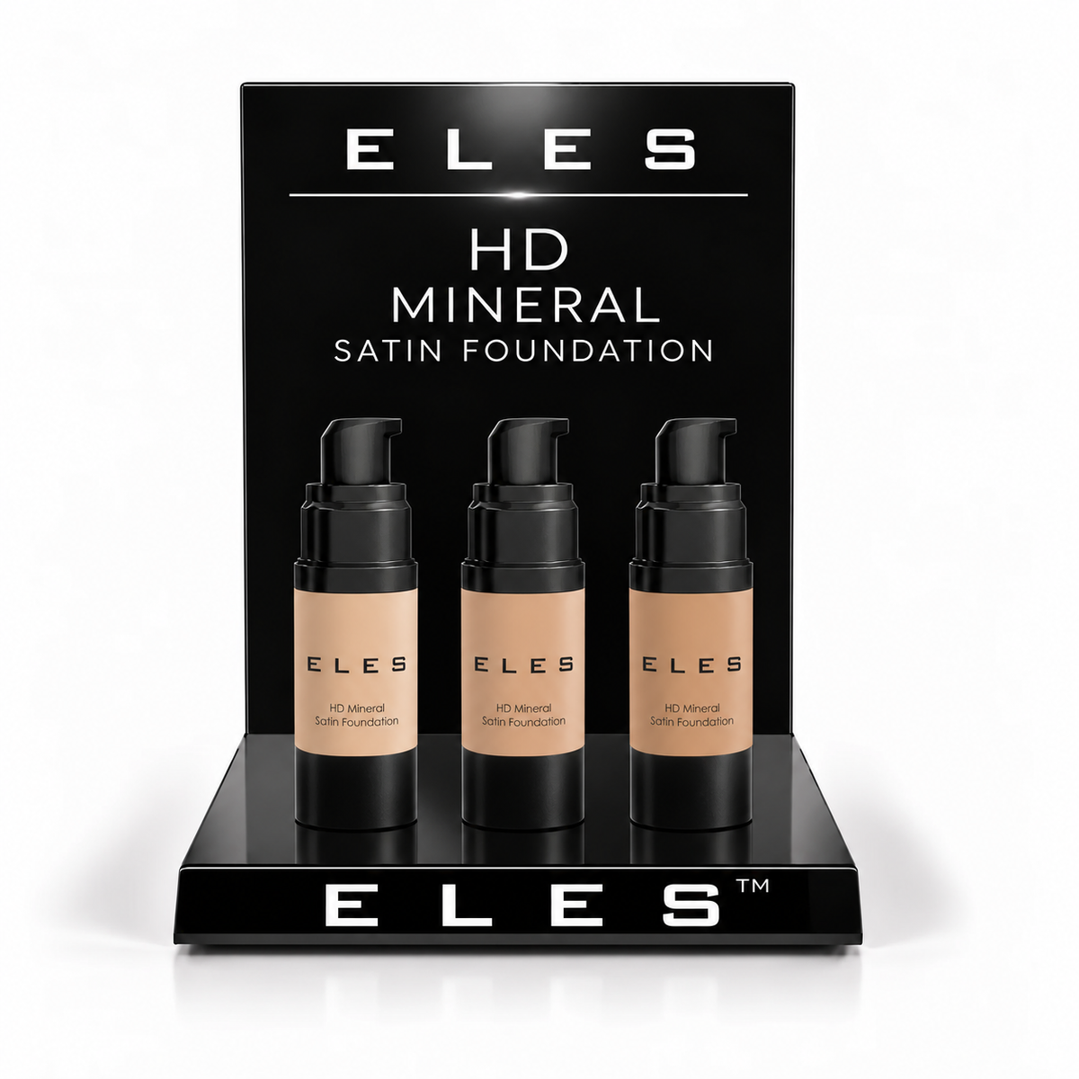 ELES HD Mineral Satin Foundation countertop display stand with branded backplate and three foundation tester units