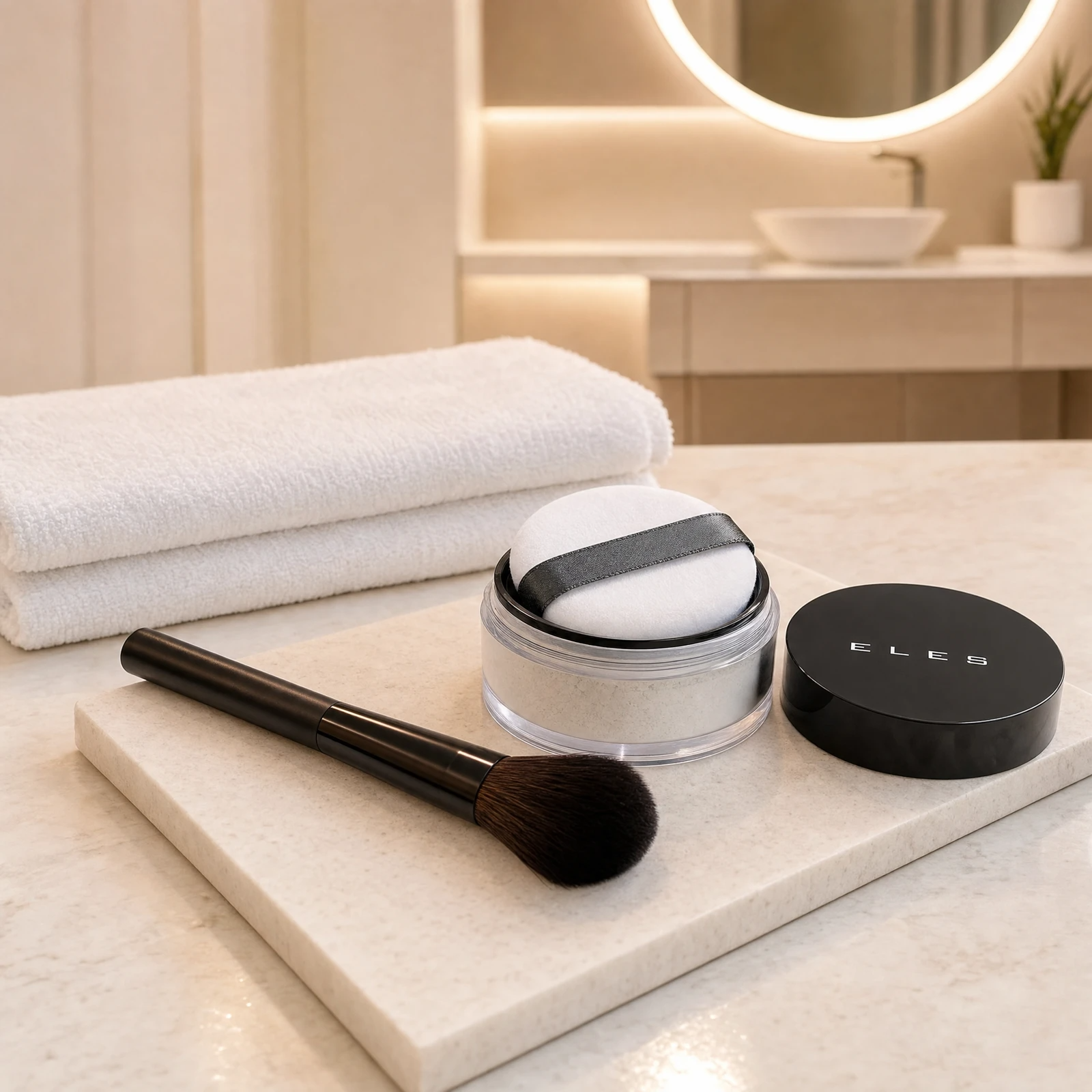 ELES HD Translucent Powder open jar with lid and fluffy powder brush on a stone tray on a marble clinic bench inside a premium skin clinic treatment room, ideal for professional makeup setting and finishing after facial treatments