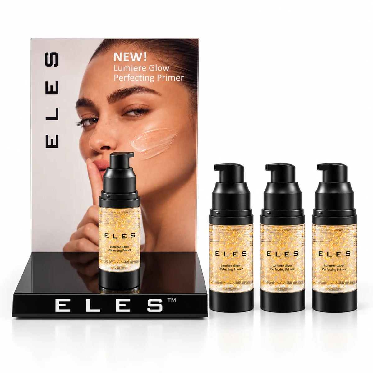 ELES Lumiere Glow primer display package with three retail units and one tester on the counter stand