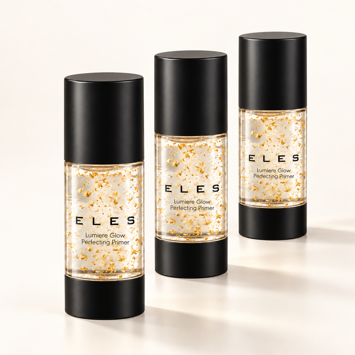 Three capped ELES Lumiere Glow Perfecting Primer 30ml bottles in the starter set