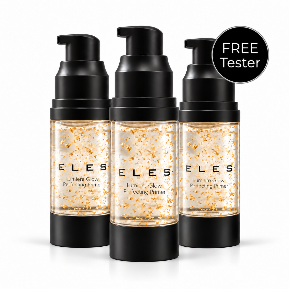 Three ELES Lumiere Glow Perfecting Primer 30ml bottles with FREE Tester badge