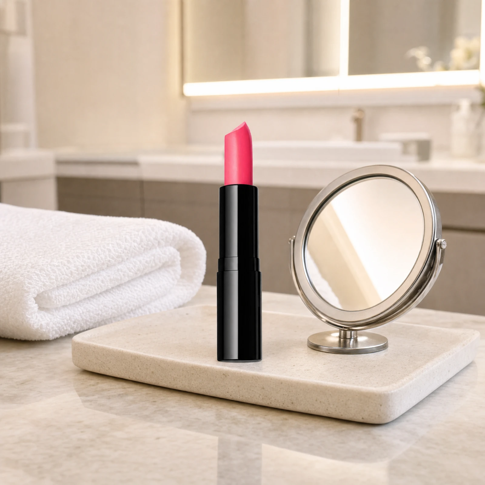 ELES Matte Lipstick in coral-pink standing upright on a stone tray beside a round mirror on a marble clinic bench inside a premium skin clinic treatment room, ideal for professional lip finishing after facial treatments
