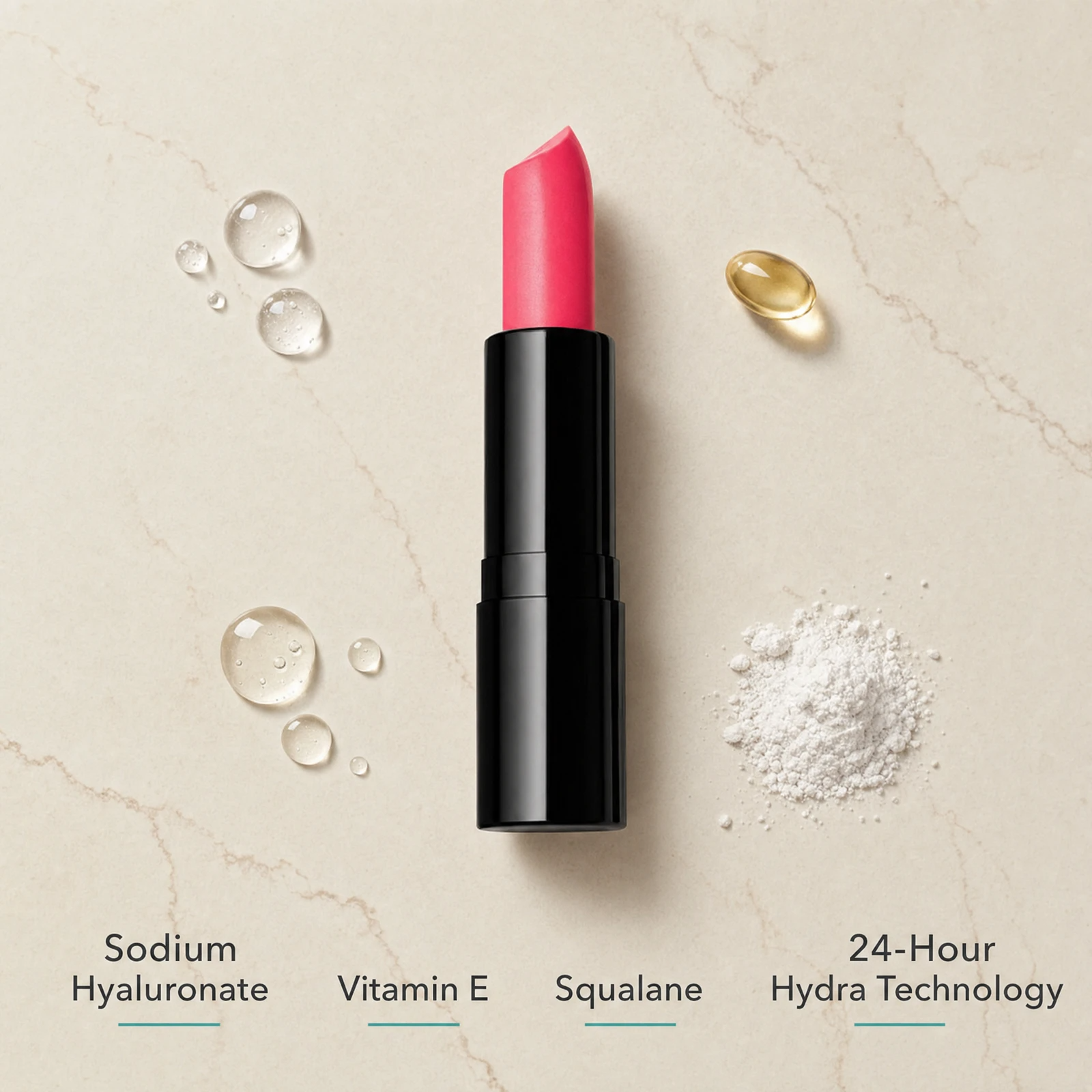 ELES Matte Lipstick ingredient flatlay featuring sodium hyaluronate, vitamin E, squalane and 24-hour Hydra Technology on a warm limestone surface