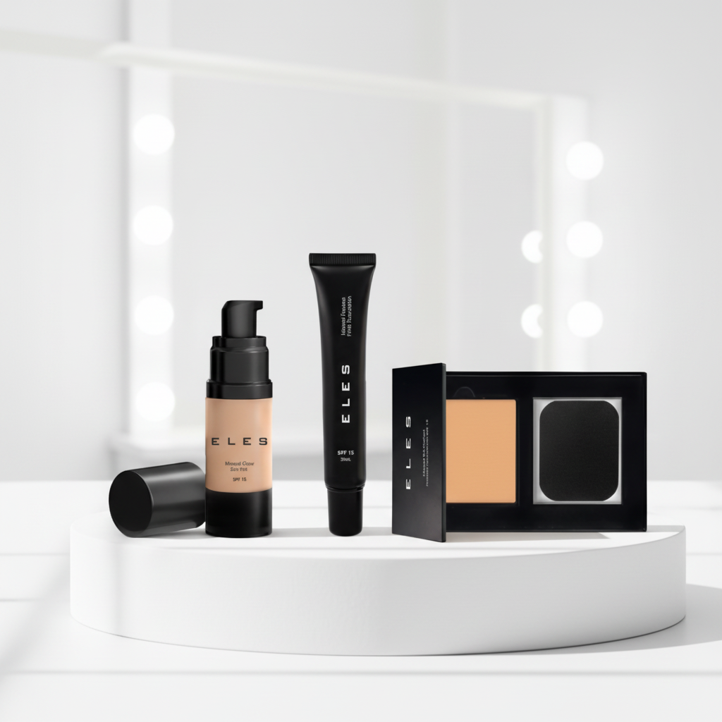 ELES Mineral Glow Skin Tint, Mineral Flawless Finish Foundation and Mineral Skinperfect Powder Foundation displayed together on a white cosmetic display podium.