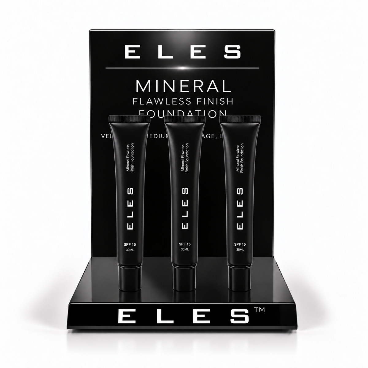 ELES Mineral Flawless Finish Foundation display stand with branded backplate and three tester tubes