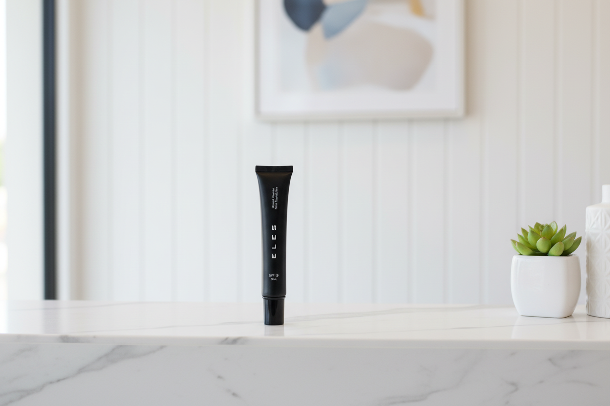 ELES Mineral Flawless Finish Foundation with a blurred abstract painting in the background.