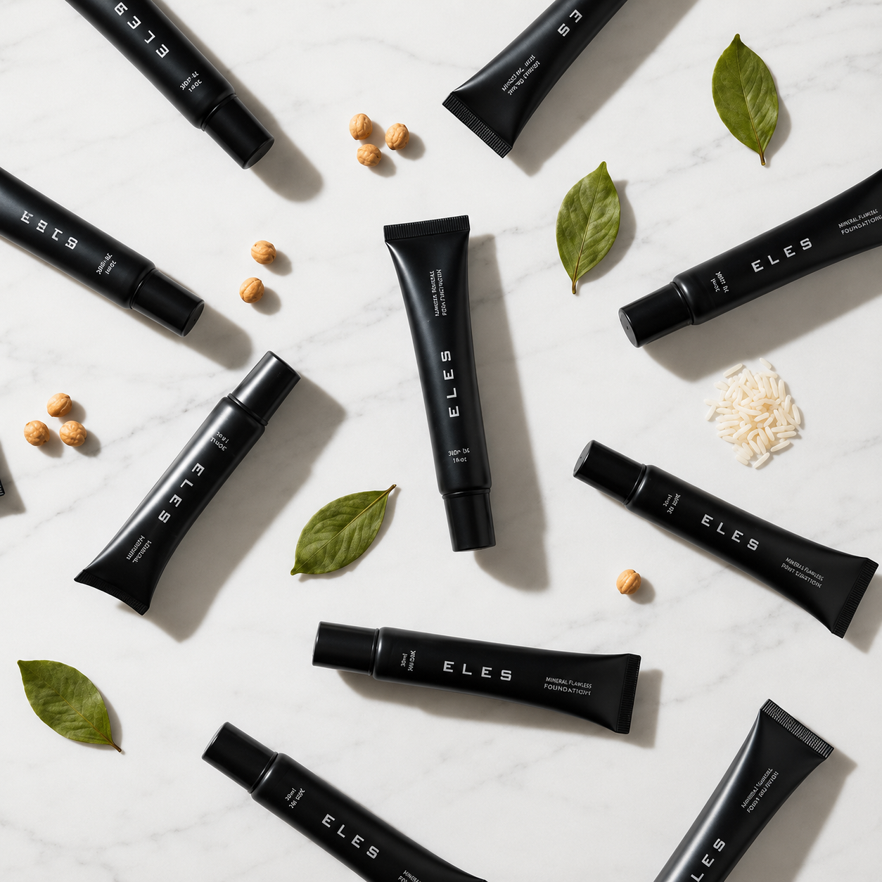 ELES Mineral Flawless Finish Foundation tubes displayed in a flatlay with botanical ingredients on a marble surface.