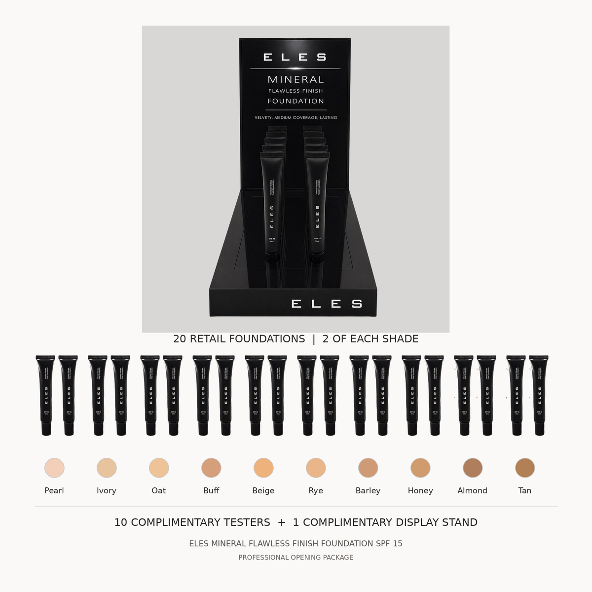 ELES Mineral Flawless Finish Foundation professional opening package hero showing the genuine display stand, 20 retail foundations and all ten shades.