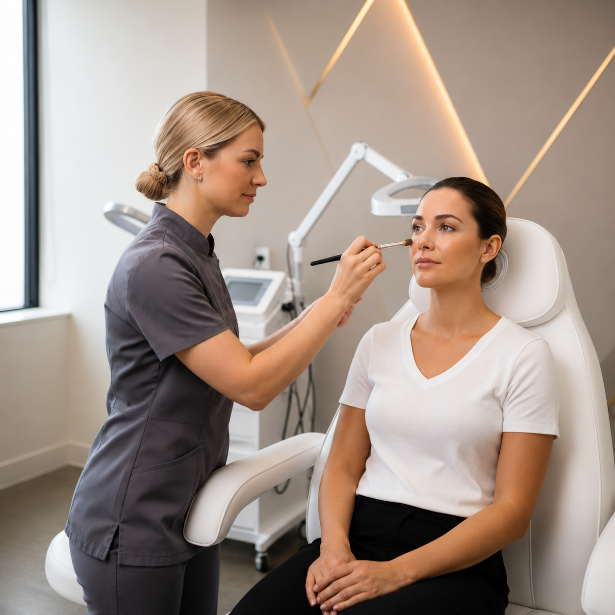 Beauty therapist applying ELES Mineral Flawless Finish Foundation to a client after treatment in a professional skin clinic.
