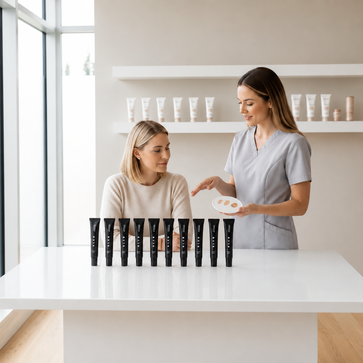 Beauty therapist presenting ELES Mineral Flawless Finish Foundation shades to a client during a professional clinic consultation.