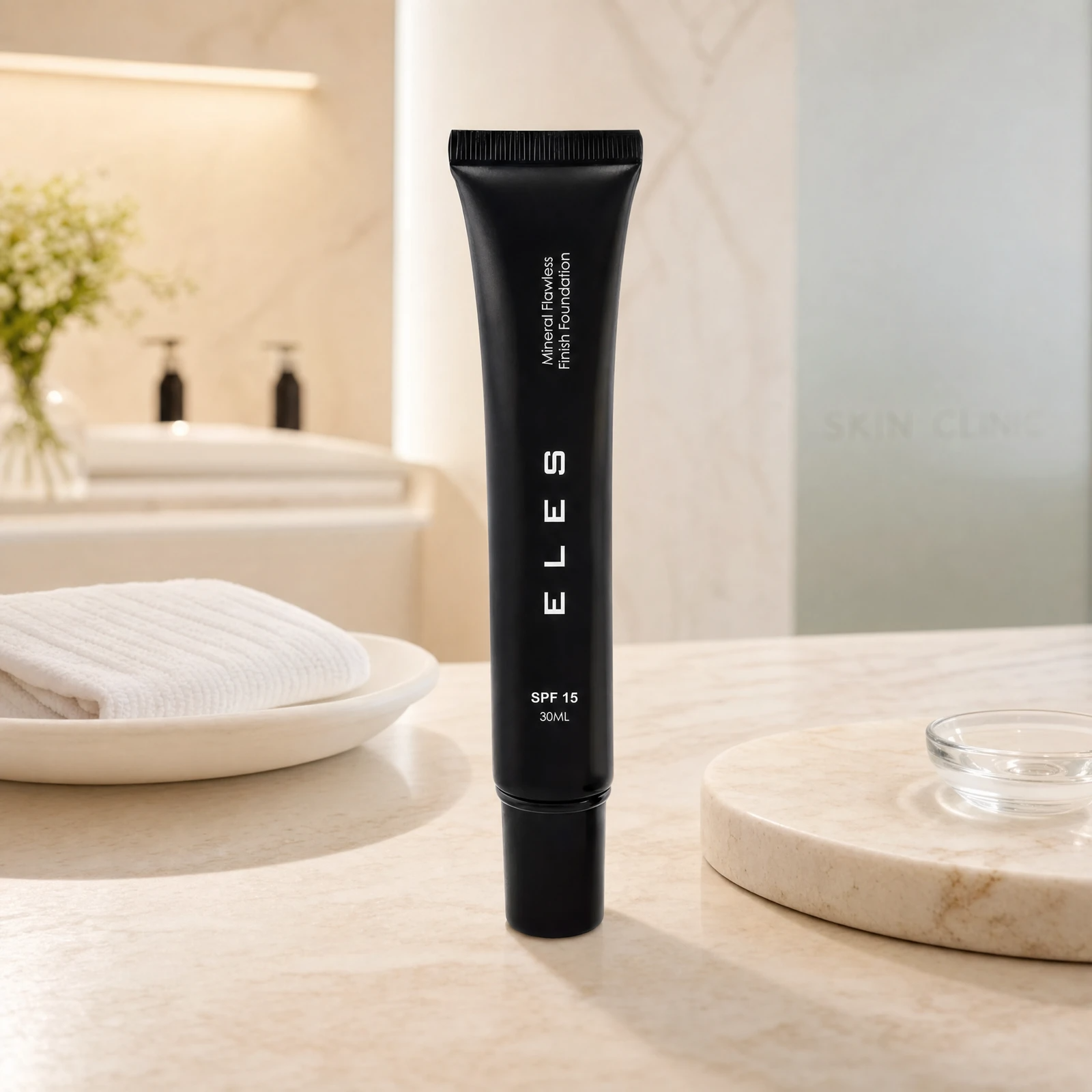 ELES Mineral Flawless Finish Foundation SPF 15 30ml in a premium salon treatment room setting, ideal for post-facial finishing and professional clinic retail