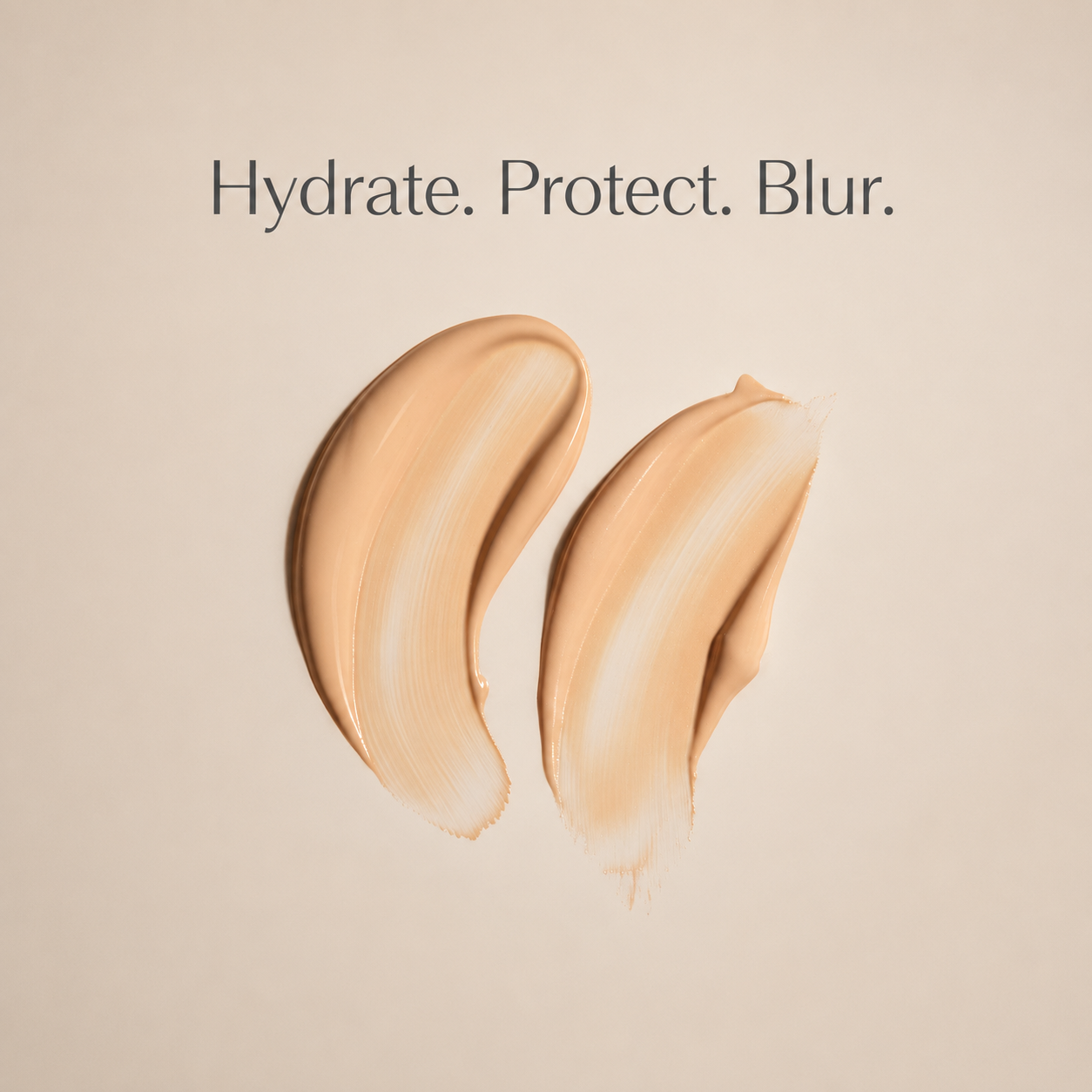 ELES Mineral Flawless Finish Foundation SPF 15 30ml swatches with text 'Hydrate. Protect. Blur.' on a beige background