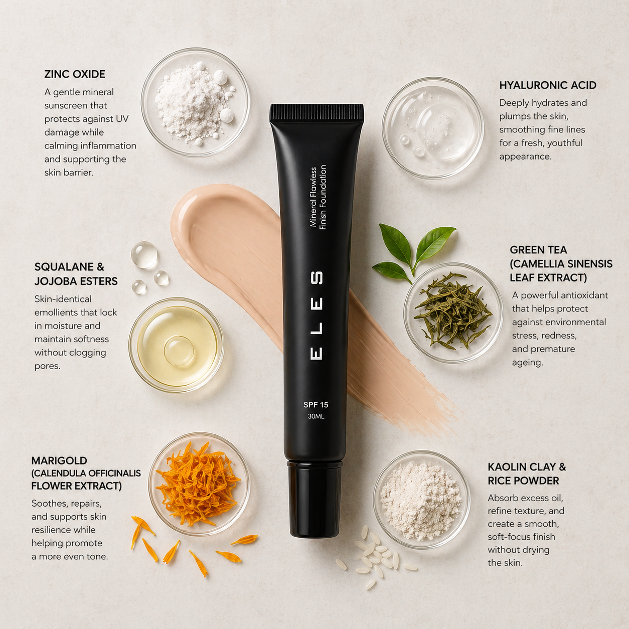 ELES Mineral Flawless Finish Foundation SPF15 Pearl ingredient flatlay showing zinc oxide, hyaluronic acid, squalane, jojoba esters, green tea extract, calendula extract, kaolin clay and rice powder for hydration, protection and soft-focus coverage
