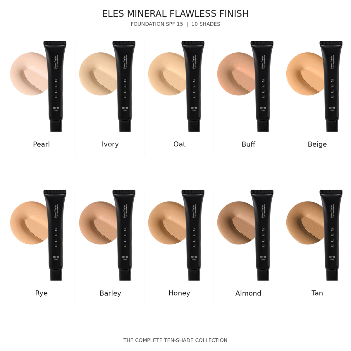 ELES Mineral Flawless Finish Foundation SPF 15 comparison chart showing all ten shades from Pearl to Tan, with genuine foundation tubes and matching colour swatches