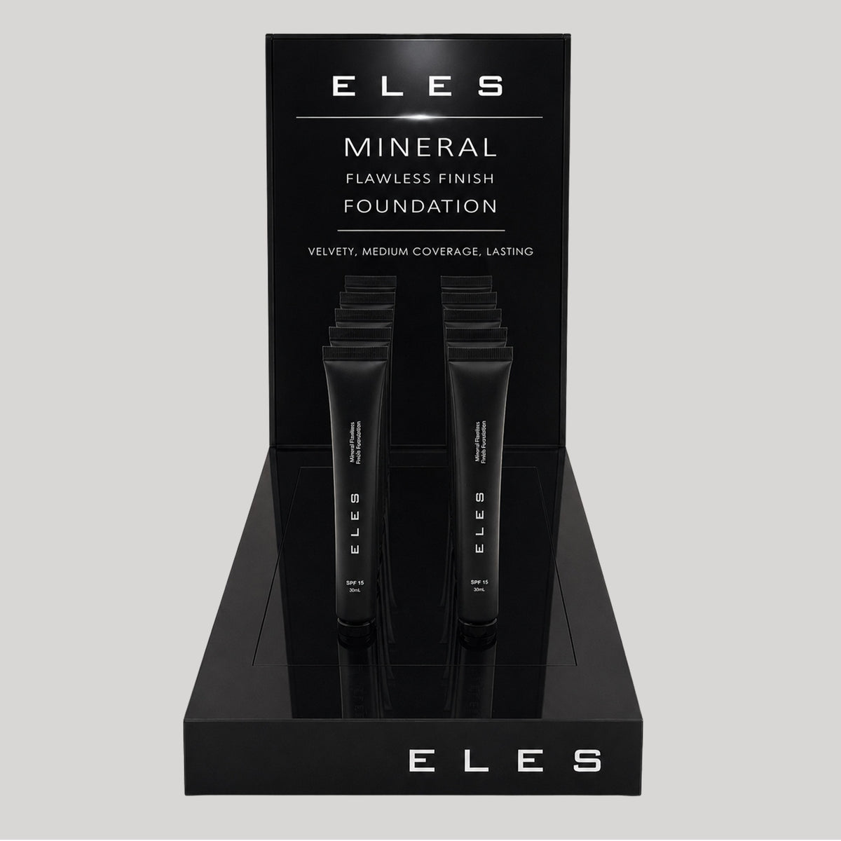 ELES Mineral Flawless Finish Foundation professional tester stand for ten shades, supplied with the opening package.
