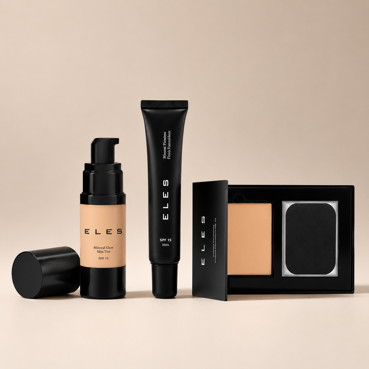 ELES Mineral Glow Skin Tint, Mineral Flawless Finish Foundation and Mineral Skinperfect Powder Foundation displayed together on a neutral studio background.