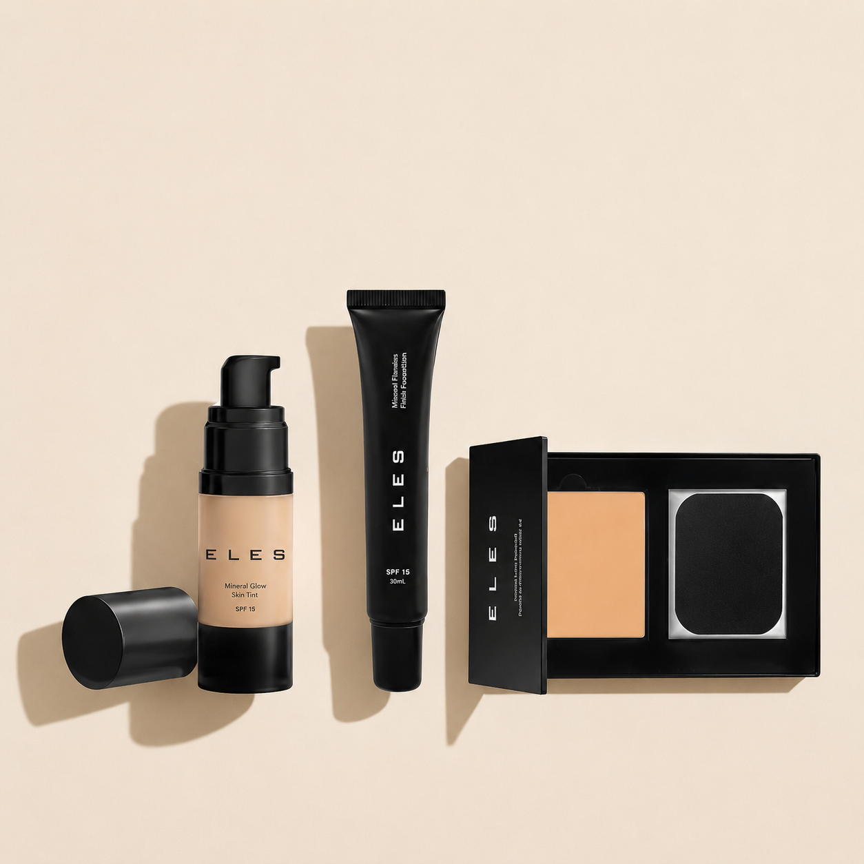 ELES Mineral Glow Skin Tint, Mineral Flawless Finish Foundation and Mineral Skinperfect Powder Foundation displayed together on a neutral studio background.