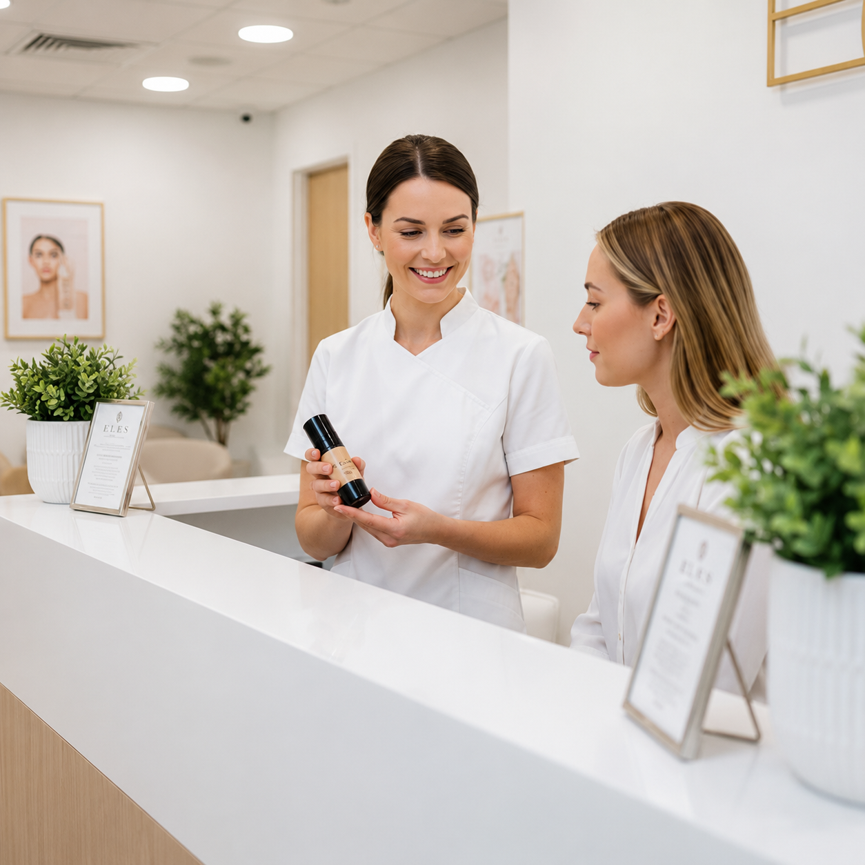 Professional skincare consultation featuring ELES Mineral Glow Skin Tint in a premium clinic environment.