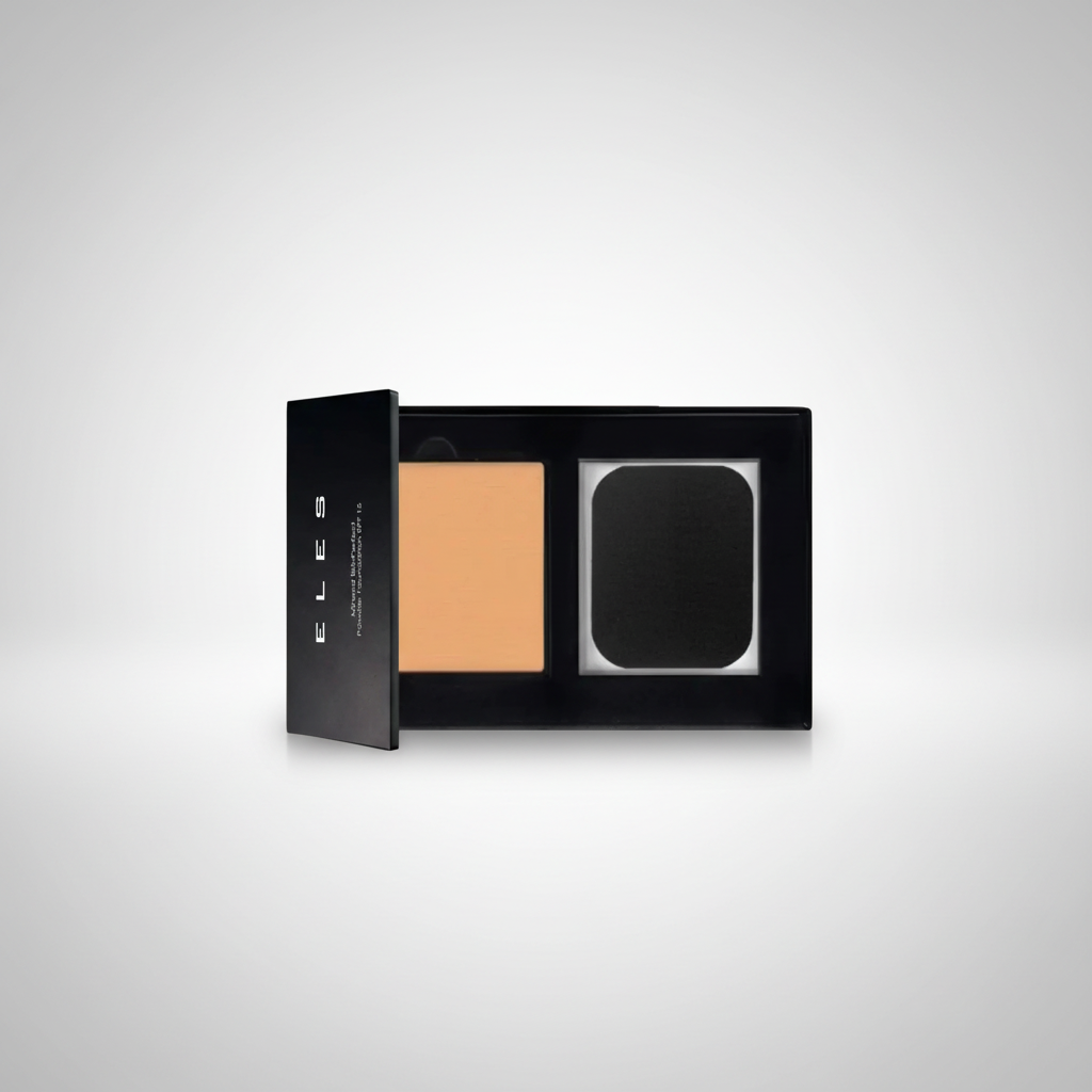  ELES Mineral SkinPerfect Powder Foundation SPF 15 with a mirror and beige color swatch on a light gray background